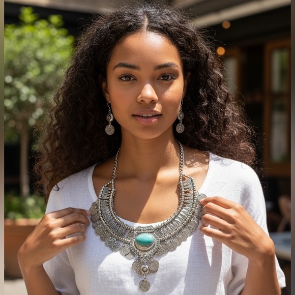 NWT Silver Coin Statement Necklace & Earrings Set with Turquoise Accent - Picture 9 of 14